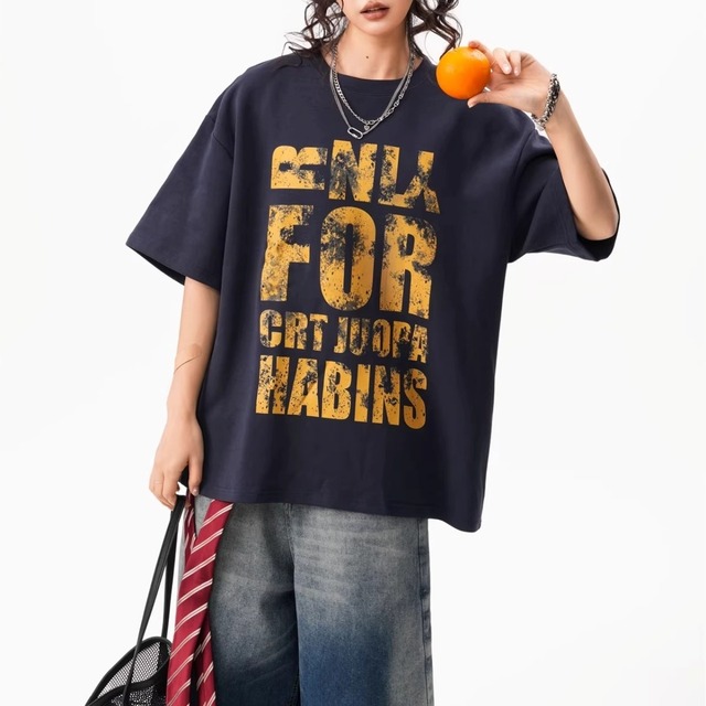 クラッシュダメージレタープリントハーフスリーブTシャツ 1col   R01926