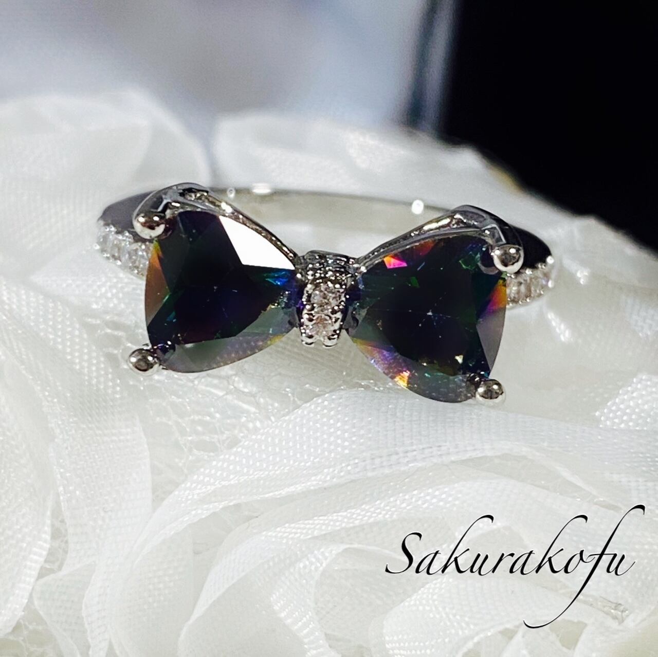 D073 送料無料 レディース リング 指輪 アクセサリー リボン レインボートパーズ