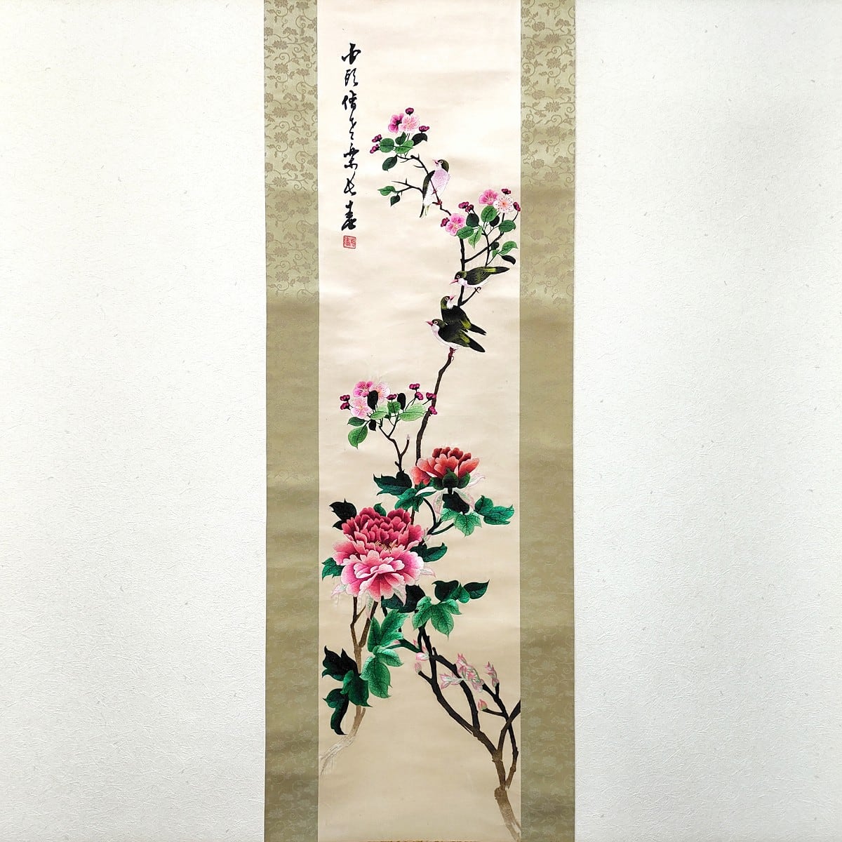 K様専用 中国刺繍 五彩籽繍 中国時代物 古刺繍 古布額 骨董 まもる