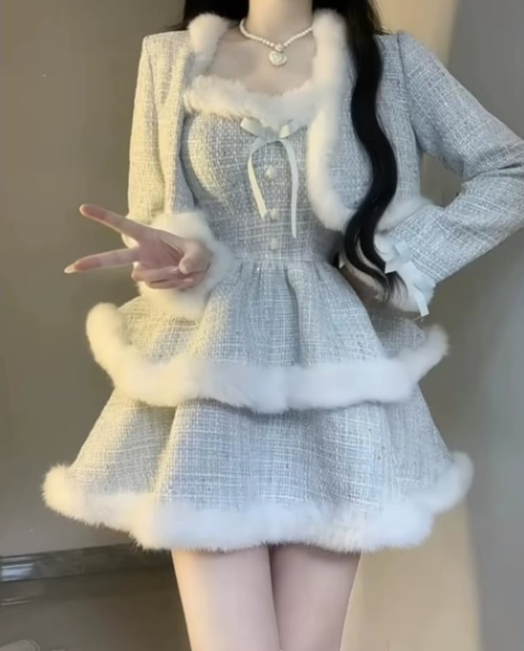 2点セット】ショートジャケット＋ファートリムティアードリボンキャミ