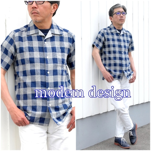 半袖チェックシャツ　ブロックチェックシャツ　モデムデザイン　modemdesign メンズ　半袖シャツ　綿麻　Ｍ１７０１７５２