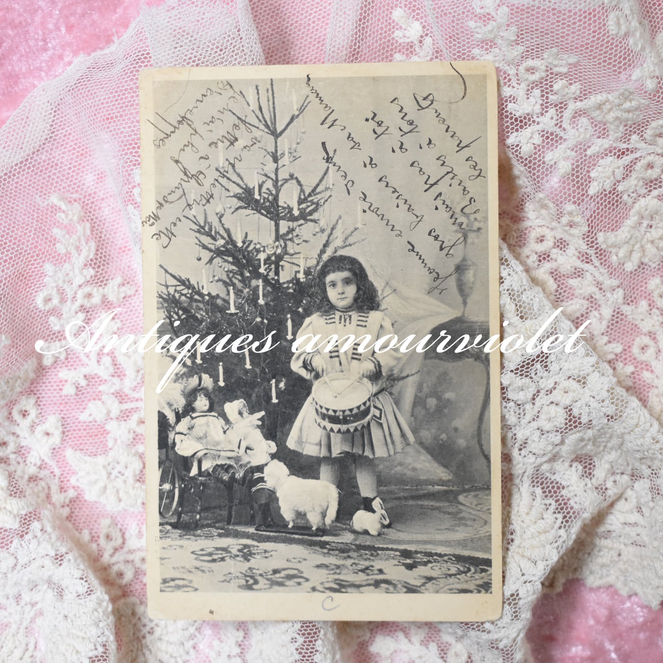 Antique postcard お人形と猫さんとティータイムの可愛い少女 France