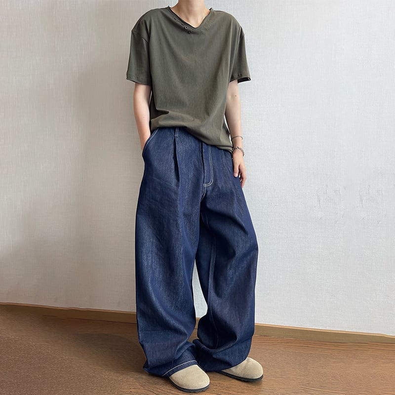 dannyandzeeVネックボタン裾フリンジの半袖Tシャツ