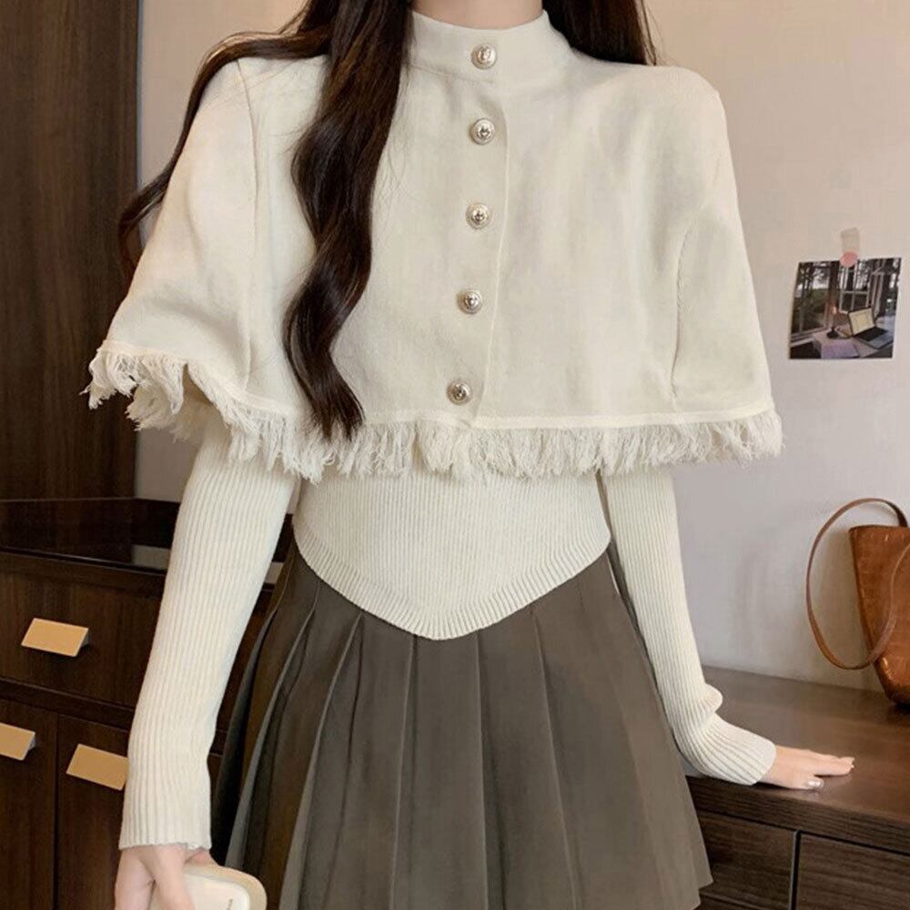 韓国購入お洒落なニットフ一ド付きケ一プホンチョ可愛い❤️ ニット アンサンブル ポンチョ トップス 韓国 秋冬 2点セット おしゃれ