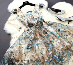 ★送料無料★15号（XXL)☆絵画のように美しい青系ワンピ－ス(OPN7494)