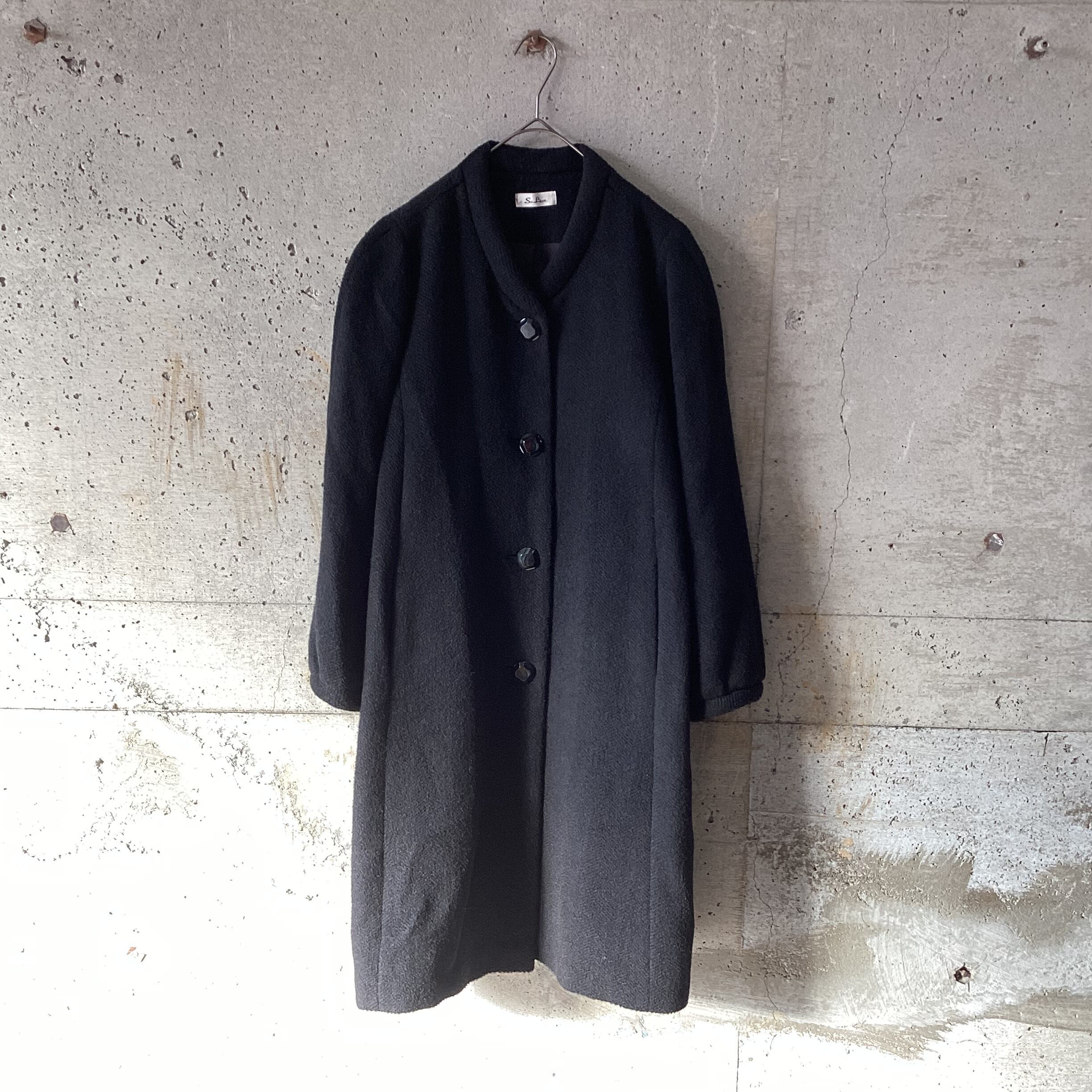 Black Collarless Alpaca Coat