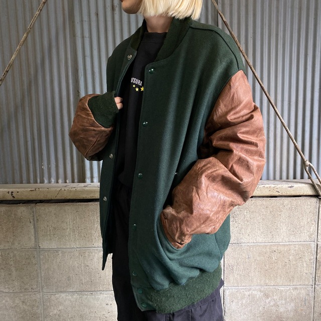 90年代 USA製 DeLONG デロング 無地 袖切替 ウールスタジャン メンズXL 