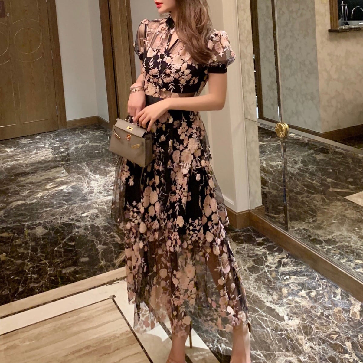 即納 フラワー刺繍シースルーロングワンピース Dress Shop Mily 即納 フラワー刺繍シースルーロングワンピース Dress Shop Mily