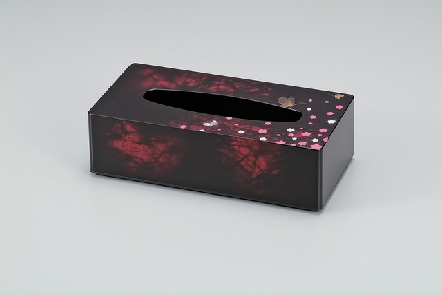 36-3515 スリムティッシュBOX 別甲塗 春日草 Tissue Box w Floral Motif BEKKO Coating