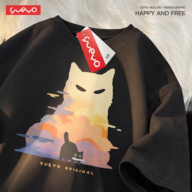 【YUEYOUシリーズ】★Tシャツ★ 6color トップス 猫 ねこ ネコ 半袖 ユニセックス メンズ 黒 白 緑 青 コットン