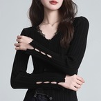 rib lace v neck tops / l0994