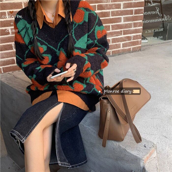 スタンダードスタイルプルオーバー Vネックセーター スプリングルーズニットコート ジャケット レトロ 春物 モンロー51677643464