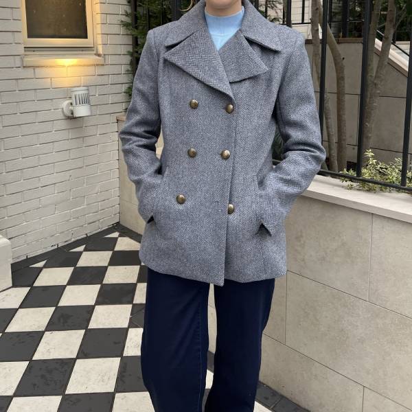 グレー ヘリンボーン ピーコート ビジネス レディースアウター