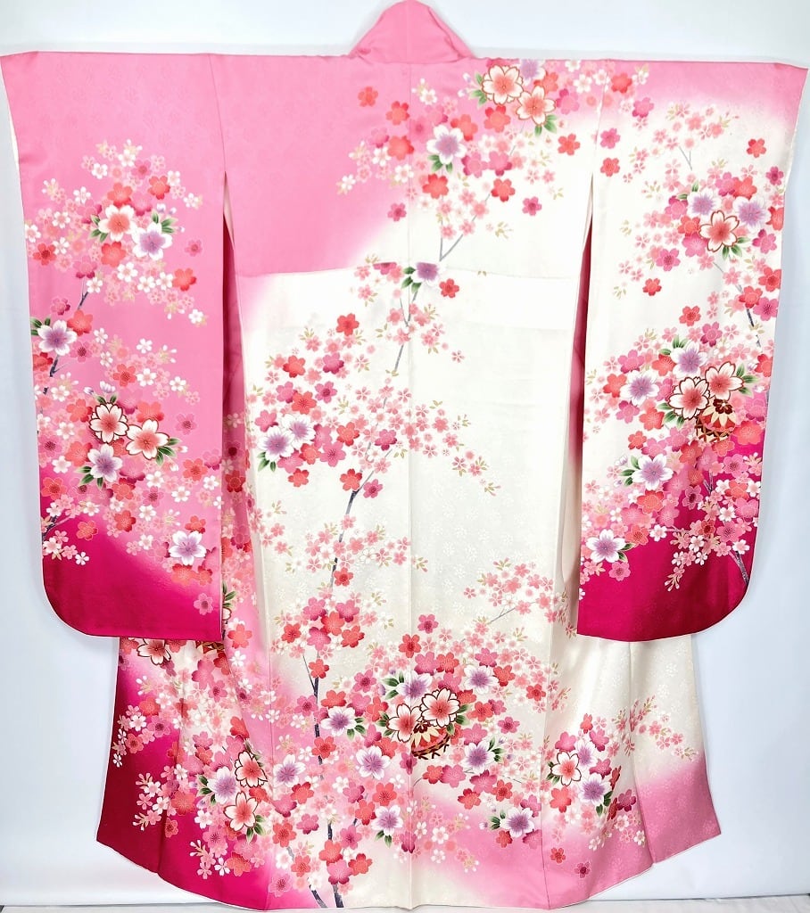 美品 京友禅 刺繍 金彩 振袖 桜 正絹 ピンク 白 紫 033 | kimono Re:和 