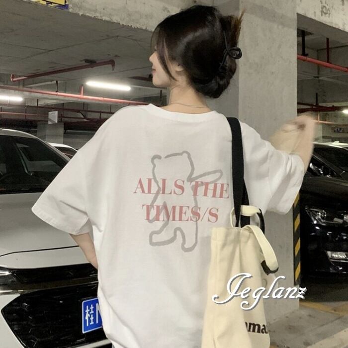 2色 Tシャツ ロンT 半袖 バックロゴ ベア ルーズ ユニセックス(MC376)ρ