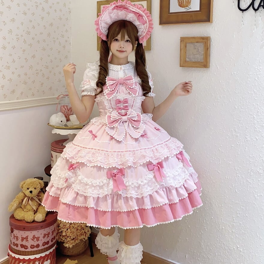 ロリータファッション 【はじめてでも安心】多段フリル×リボン装飾 甘