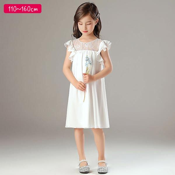 ドレス 白 礼服 子供 小学生 中学生 女の子 結婚式 フラワーガール リングガール ミディ丈 アシンメトリー ミドル丈 ホワイト レース袖 ヘム フィッシュテール 衣装 ピアノ発表会 夏 快適 涼しい パーティードレス 高級 上品 110 1 130 140 150 160 Cm