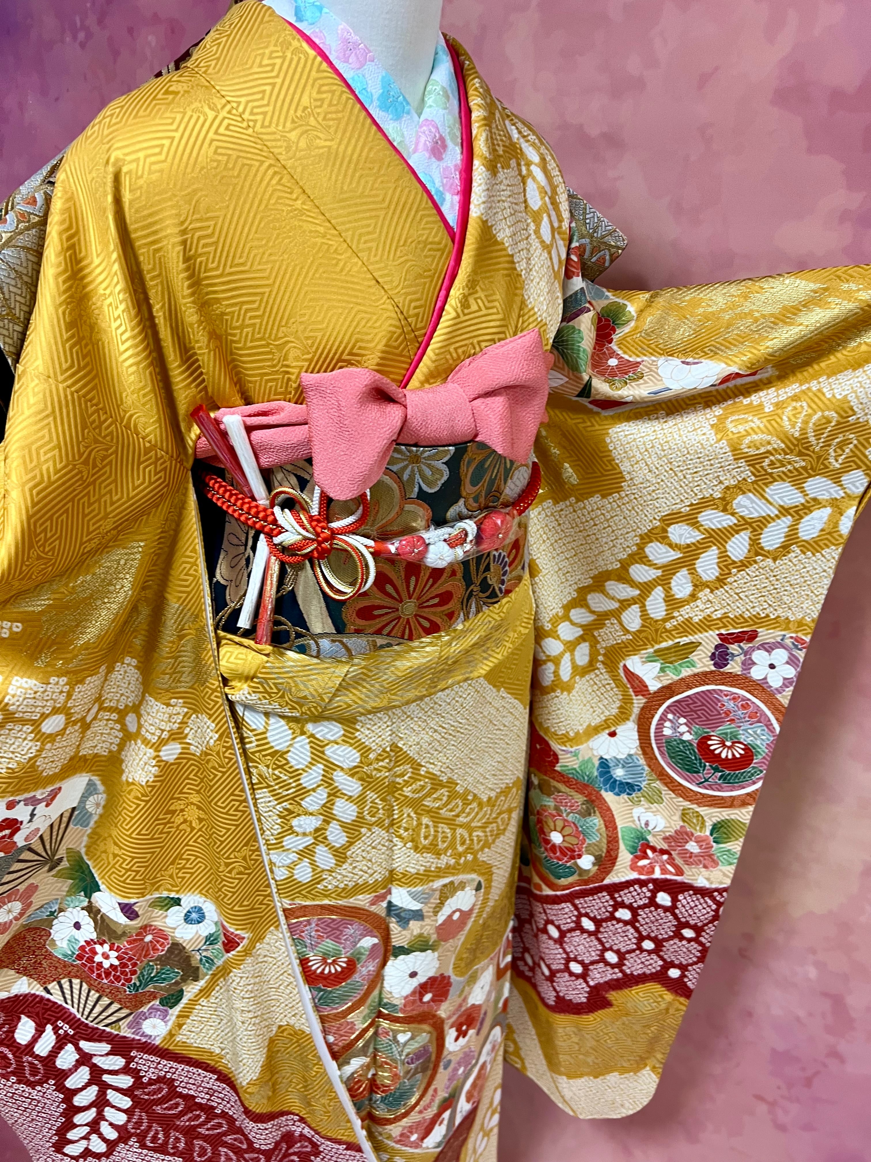 M1788【着物と帯 京月花】割と綺麗な正絹振袖6点■総柄刺繍金駒友禅着用美品■