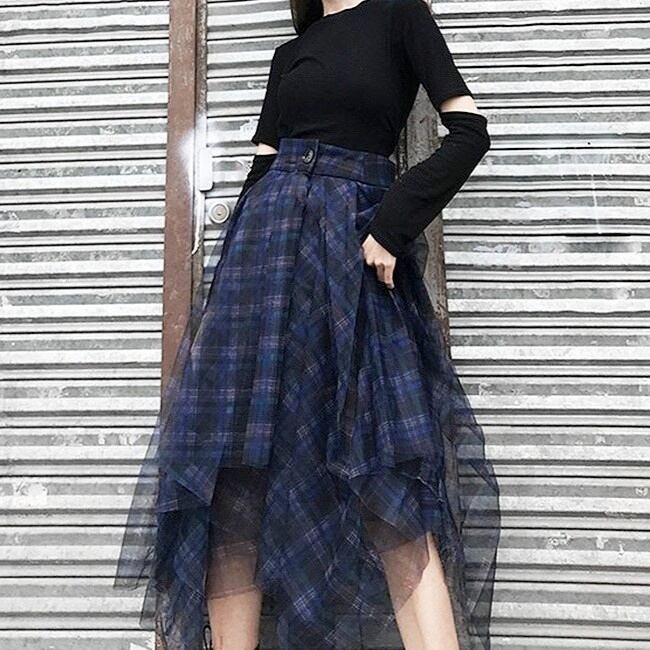 スカート アシンメトリー チェック シースルー メッシュ 可愛い Asymmetrical Mesh Plaid Skirt / アシンメトリー メッシュ
