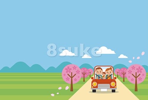 イラスト素材：ドライブを楽しむ家族/春・ヨコ・青空バック（ベクター・JPG）