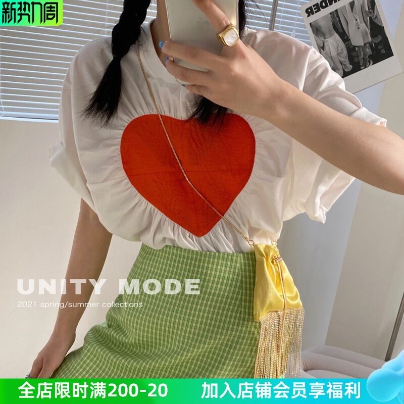 トップス レディースサマールーズラウンドネックレッドハートプリーツTシャツ スカート ストリート 夏物 Oネック ビッグFスモールZ韓国4584013653