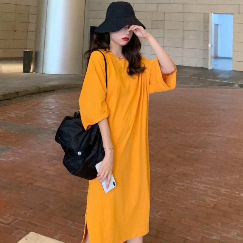 スプリングオータムラウンドネックTシャツ ドレス ルーズスリットスカート レディース 春物 秋物 Oネック YY-ファッション9241955152
