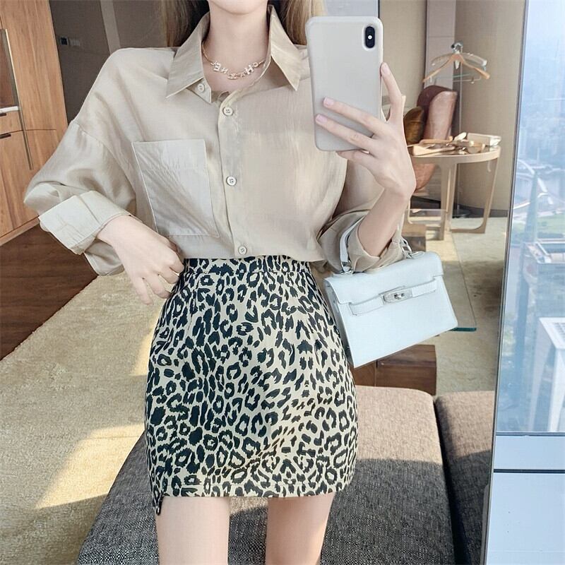 スタンダード薄手シャツ レオパードプリント柄ハイウェストウェストスカート オータムセット ロング レトロ ストリート 秋物 ガールズファッション78352913475