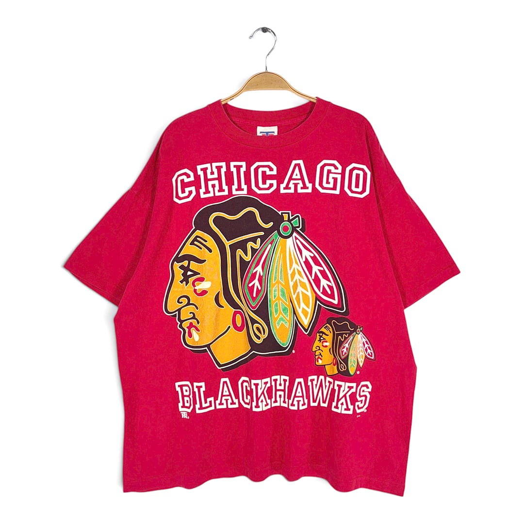 90s NHL シカゴブラックホークス インディアンヘッド USA製 ヴィンテージ Tシャツ ボックスシルエット 大判プリント レッド シングステッチ サイズXL BZ0597