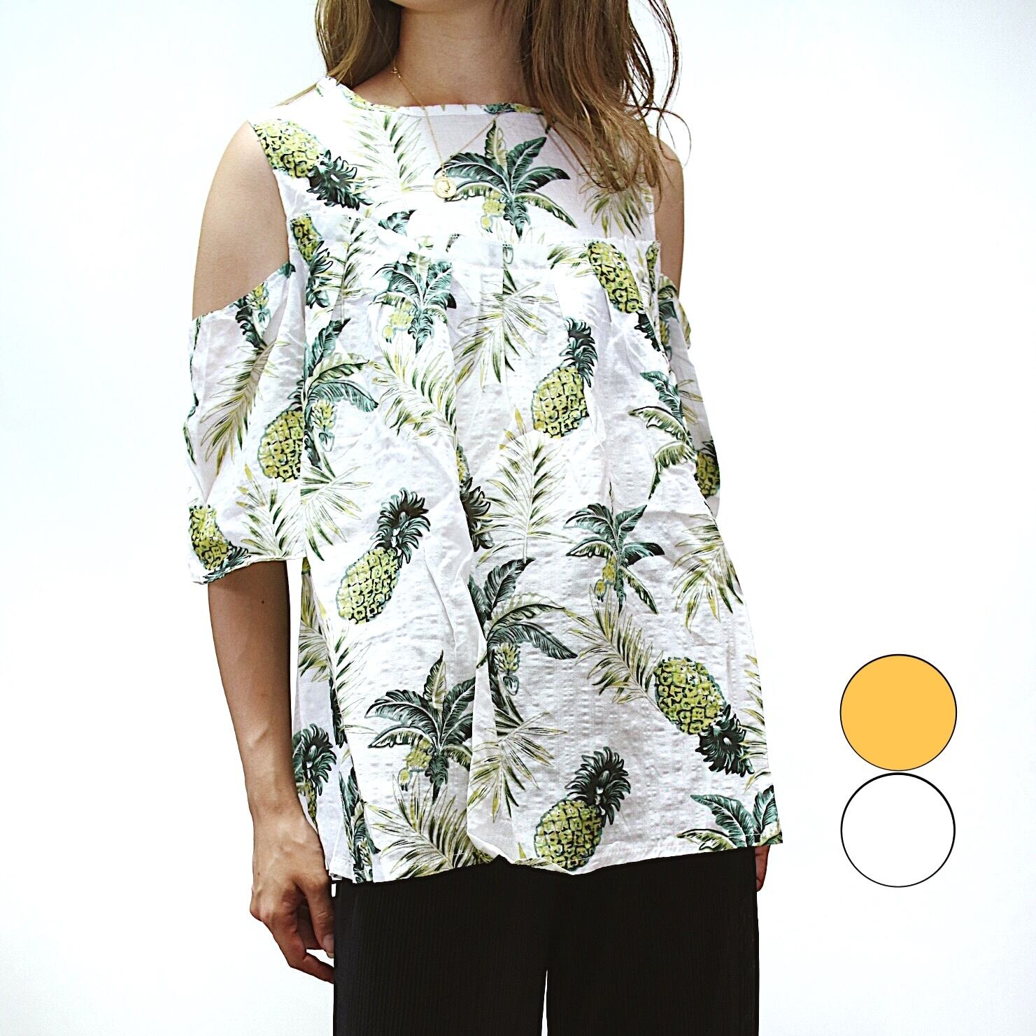 パイナップル柄オープンショルダーブラウス