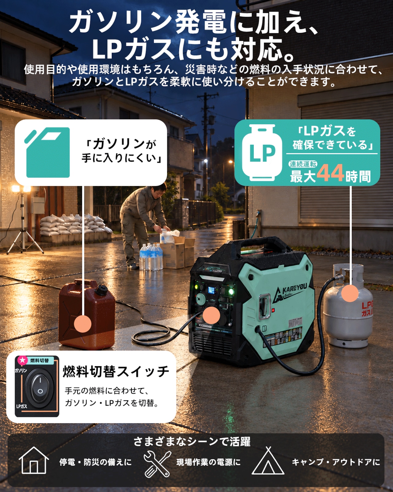 Kareyou インバーター発電機 KYH3200Ei 定格3.2kVA ガソリン・LPガス両用 3WAY始動 直列で200V出力可