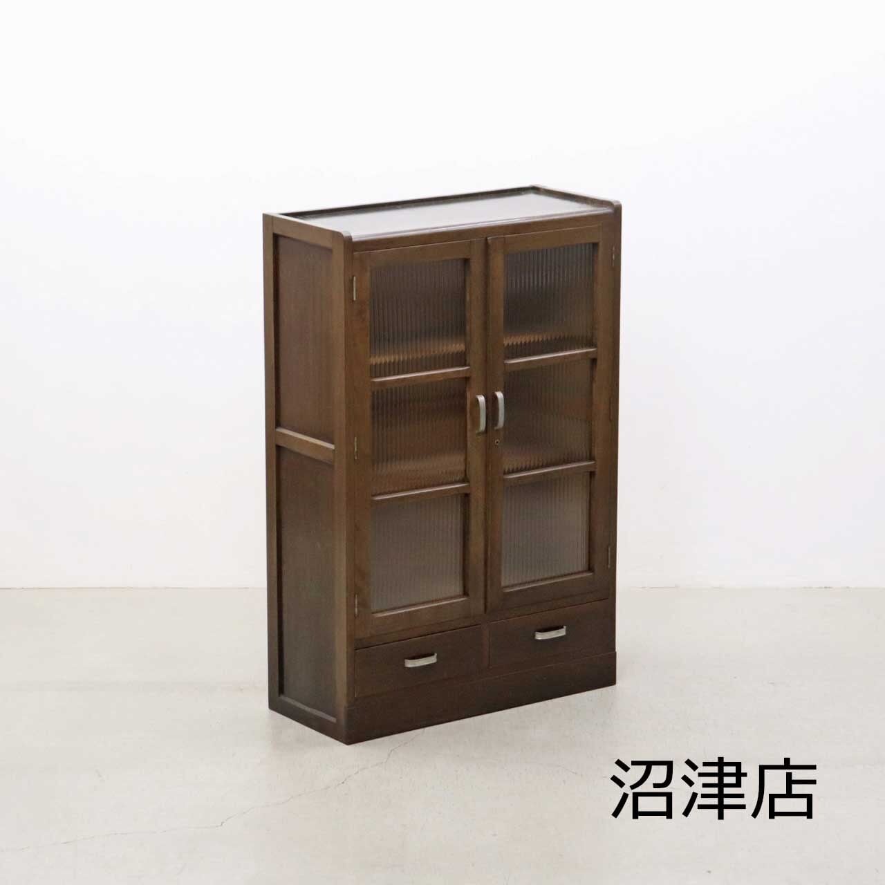 【沼津店】レトロ モールガラス 本箱 食器棚 書庫 戸棚 収納 キャビネット 水屋箪笥 ヴィンテージ RBT17135