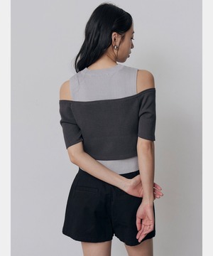 Off Shoulder Cardigan Docking Knit / GRAY