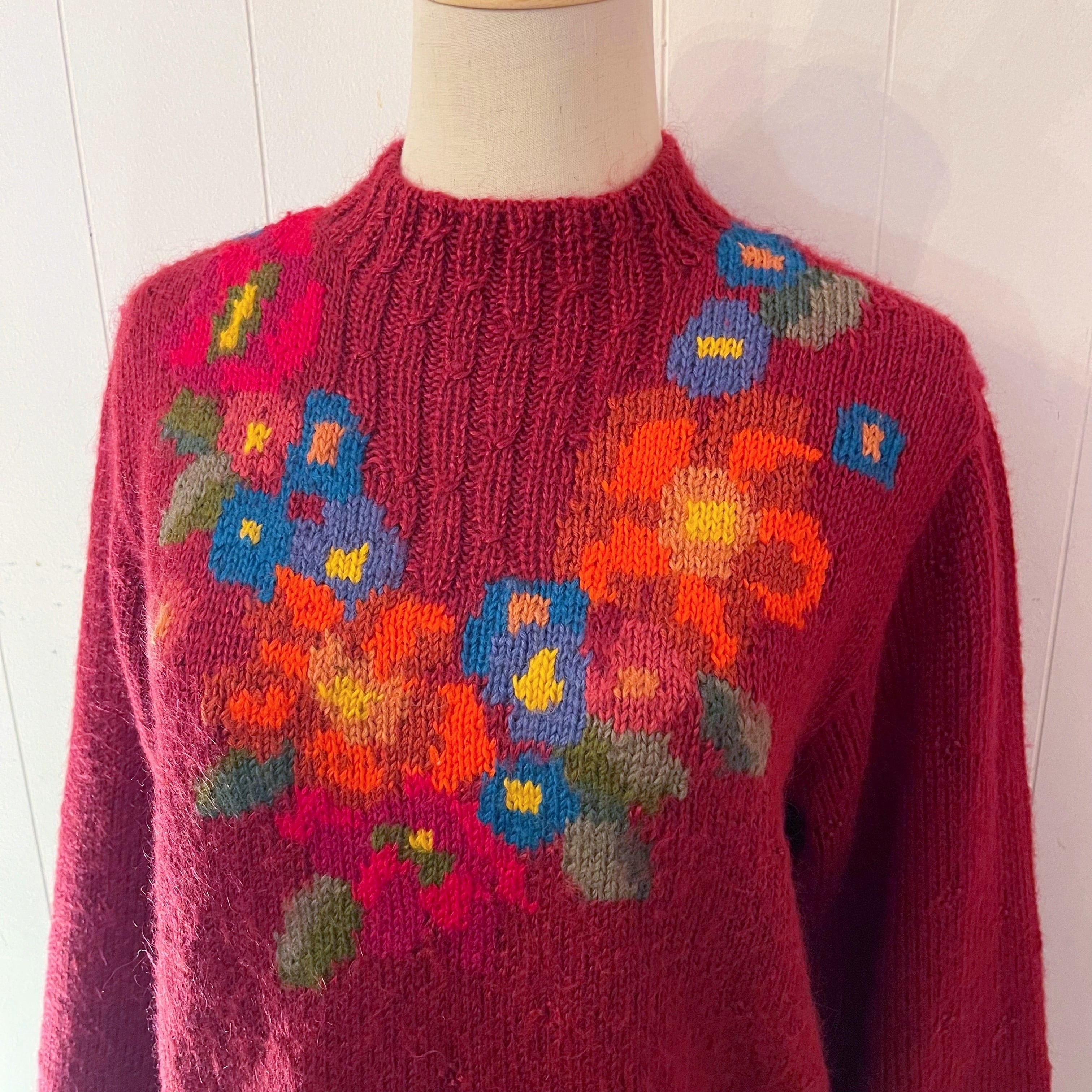 colorful flower bordeaux knit sweater