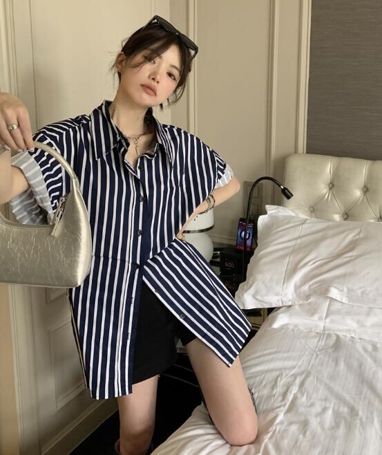 新作 レディース トップス シャツ 半袖 レトロ 縦縞 カジュアル