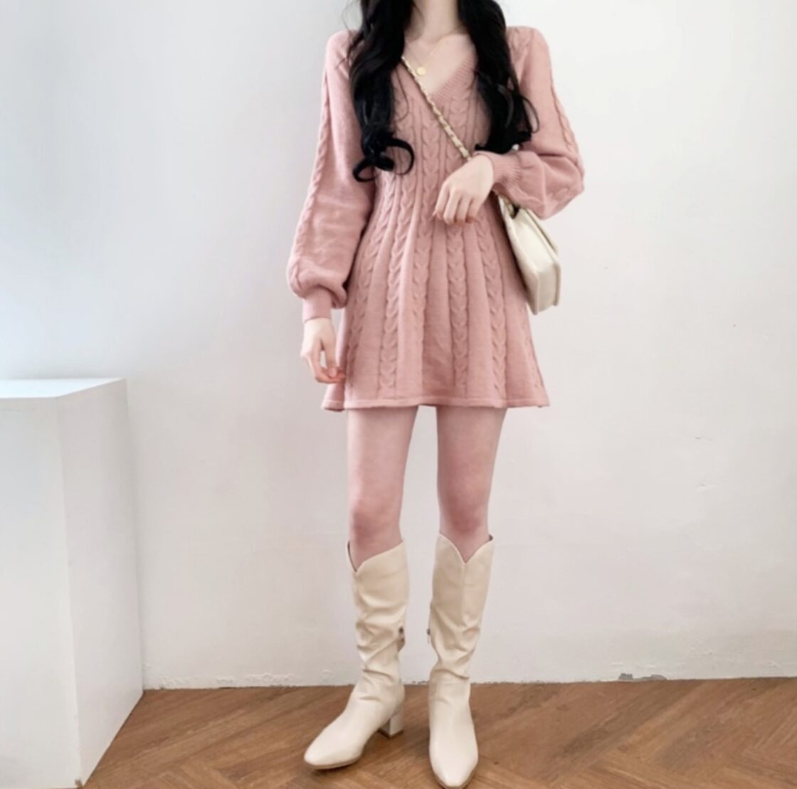 大人可愛い ふんわり ボリューム袖 ミニ ワンピース バイカラー ワンピース レディース セーター ニットワンピース ミニ