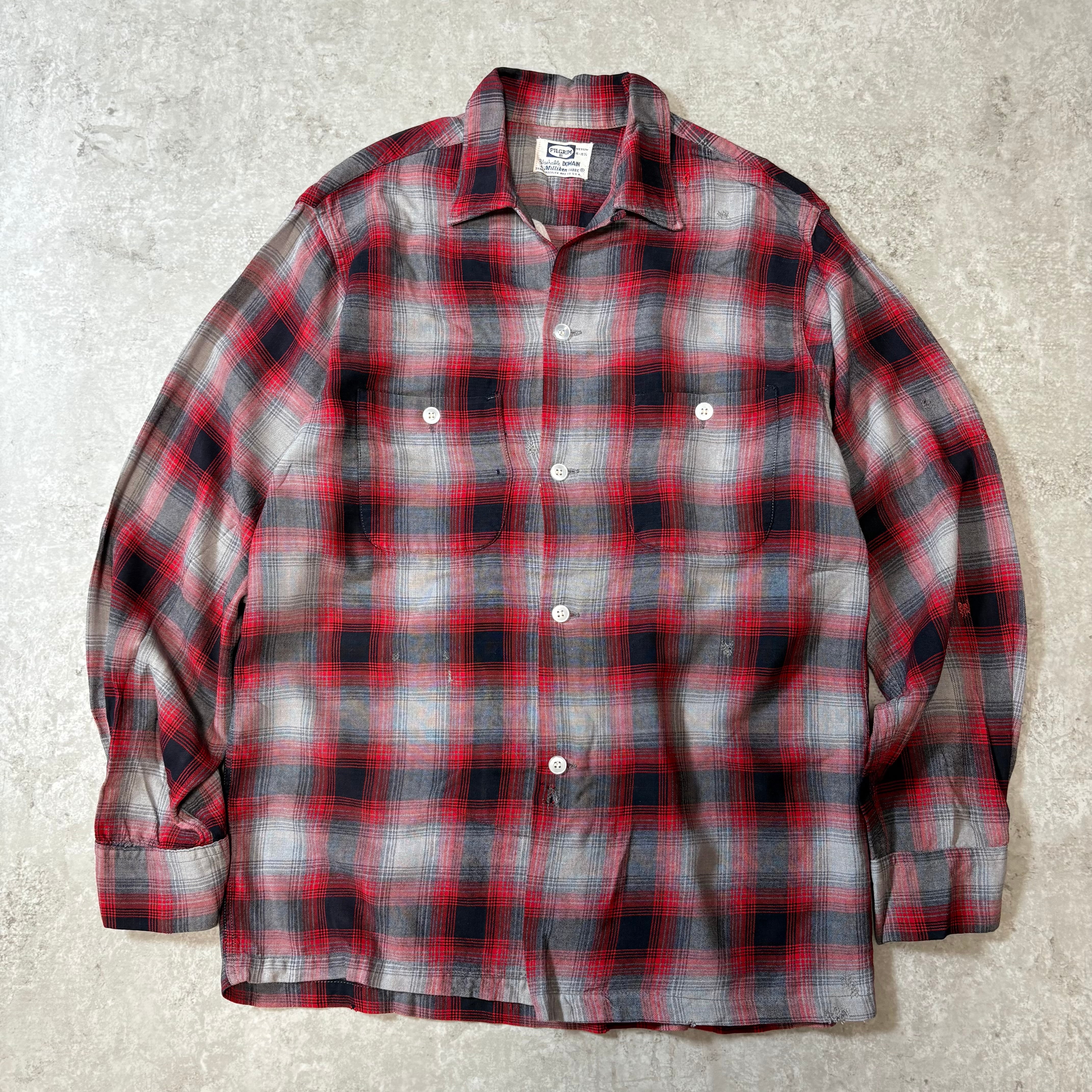 1960s "Pilgrim" Rayon Ombre Check Open Collar Shirt "襤褸" / 1960年代 ピルグリム オンブレ レーヨン オープンカラー シャツ Mサイズ