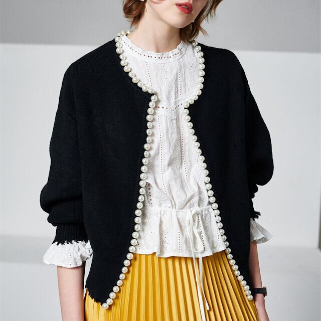 全2色 レディース カーディガン パール ニット カシミア混 ジャケット 上品 大人可愛い ブラック/ホワイト S/M/L