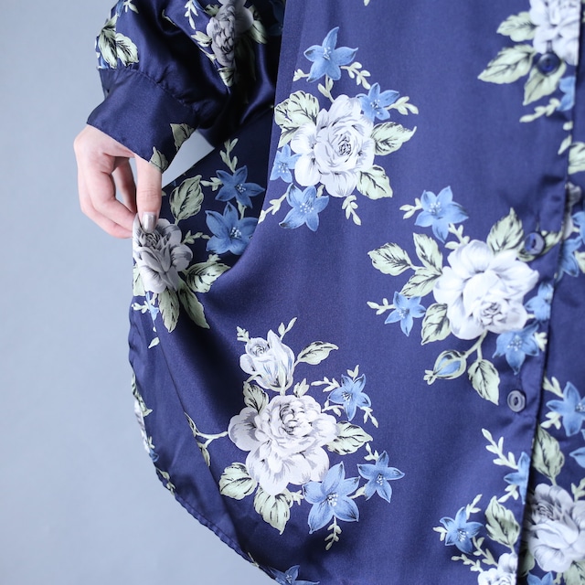 beautiful blue flower pattern over silhouette gloss fabric shirt