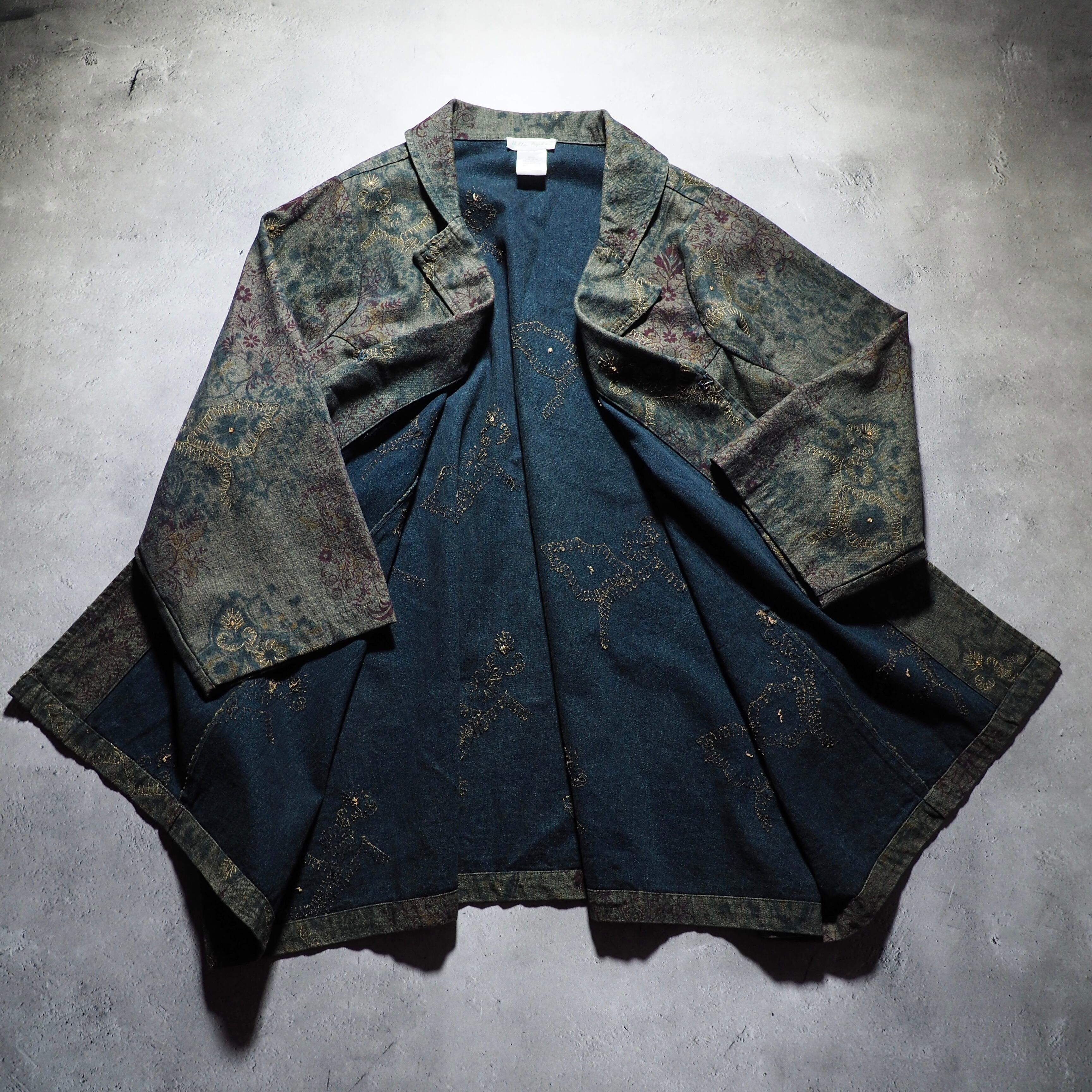 Beautiful ethnic art painted × Hand-dyed vintage half-length coat