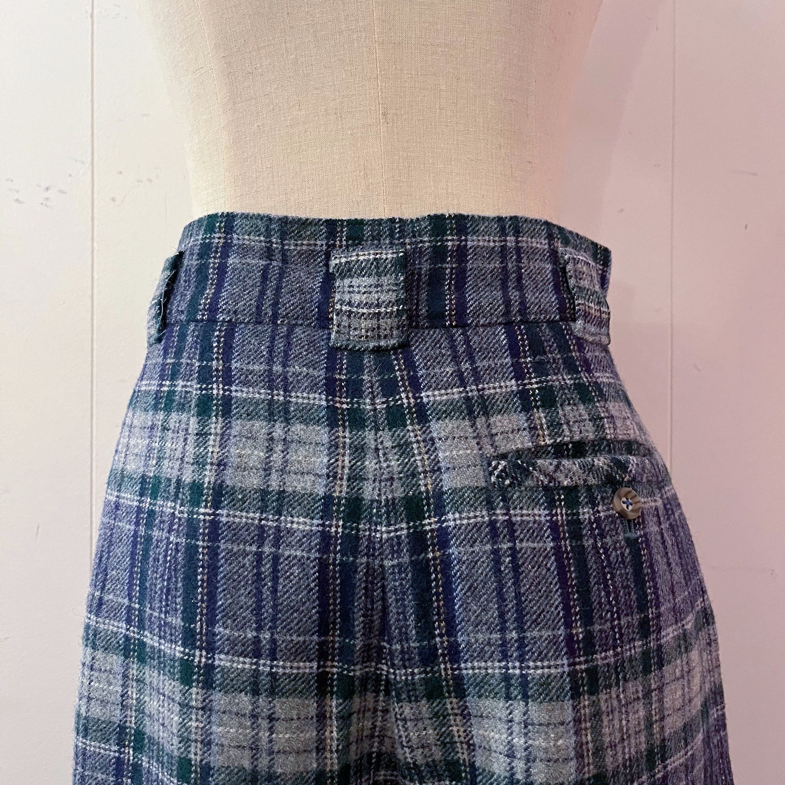 gold button blue check pants