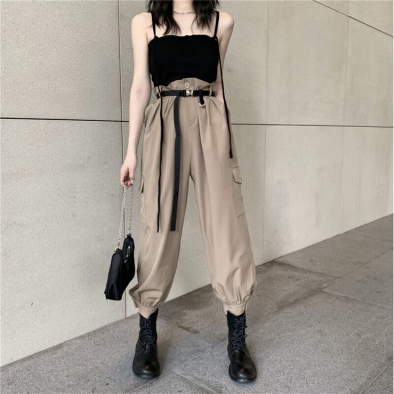 スプリングVネックシャツ ショートトップス ハイウェストウェストオーバーオール ハーネス 春物 ベルト ドラファッションホール99894713316