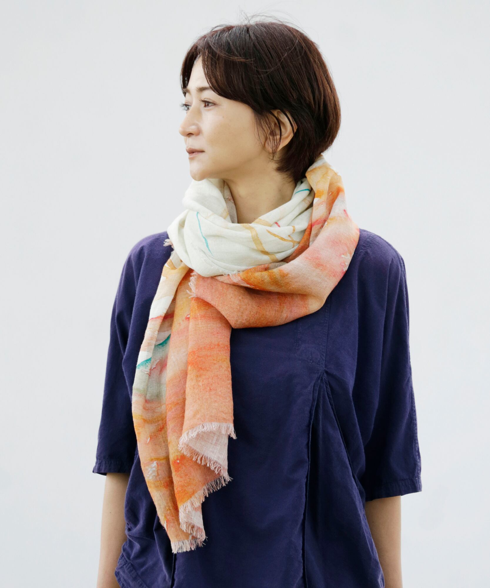 水彩】水彩リネンガーゼストール〇オレンジ | 上質に自分らしさを