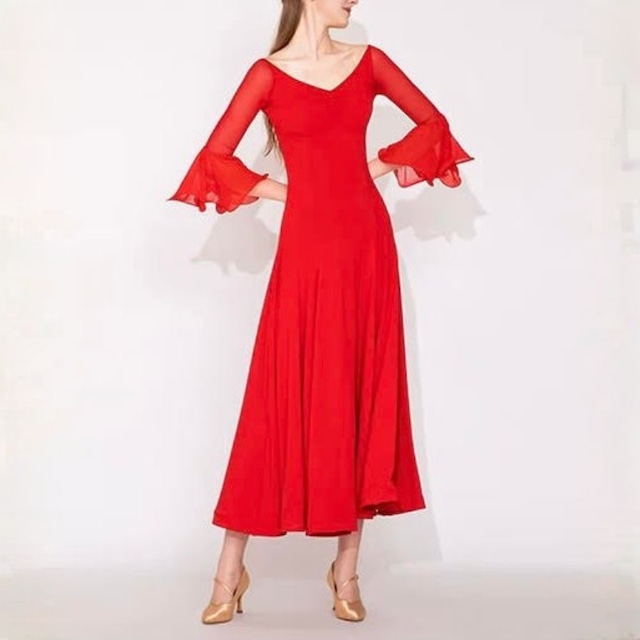 シアーメッシュスリーブ ベルフレア ロング ダンスドレス 2col D00626