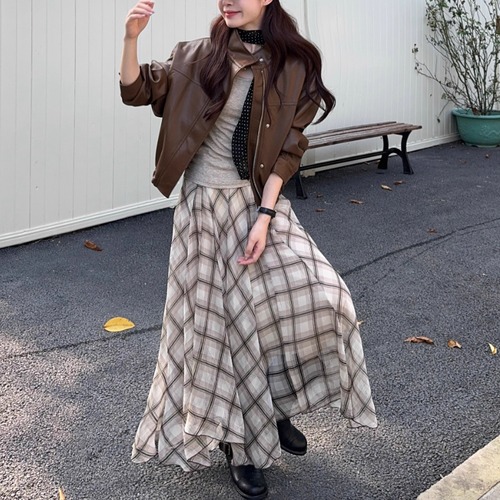 【3点セット】ライダースブルゾン＋カットソー＋チェックイレヘムスカート ・71926