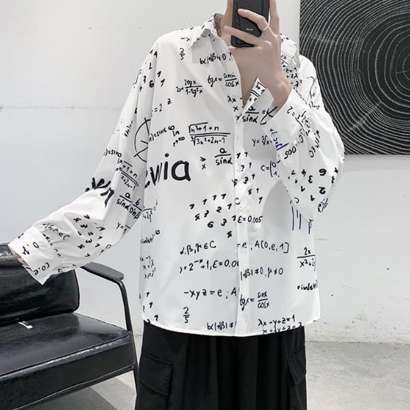 【即納 L】 【メンズモード系】数式グラフ プリント オーバーサイズシャツ