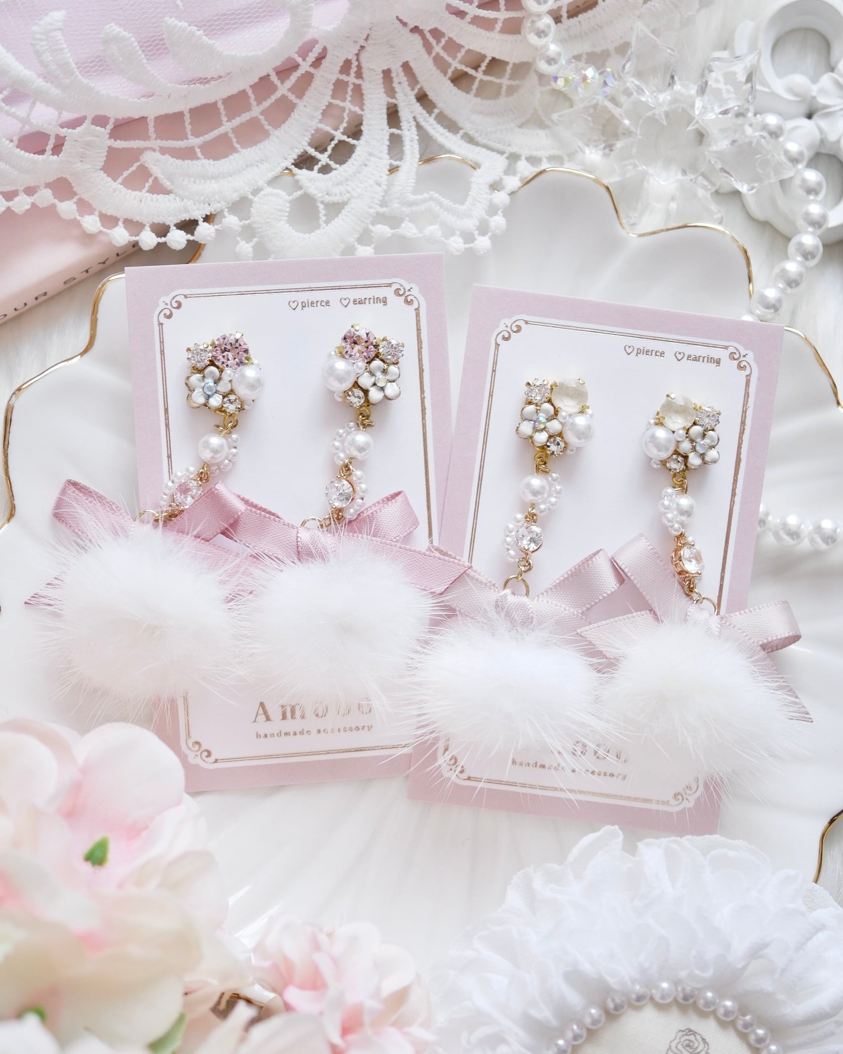 【限定】7108 フラワービジューパールウェーブファーピアス/イヤリング