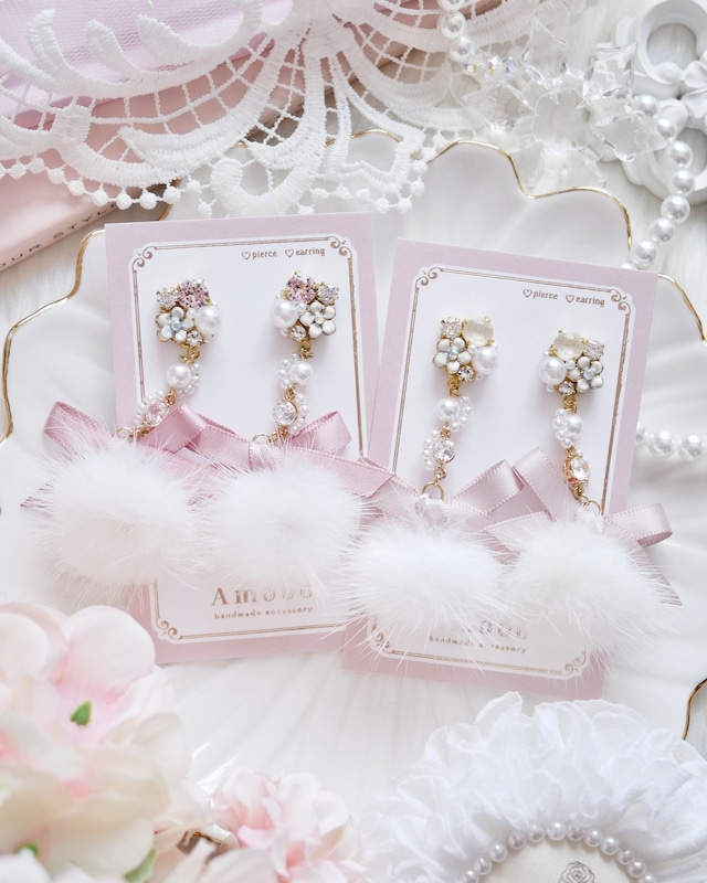 【限定】7108 フラワービジューパールウェーブファーピアス/イヤリング