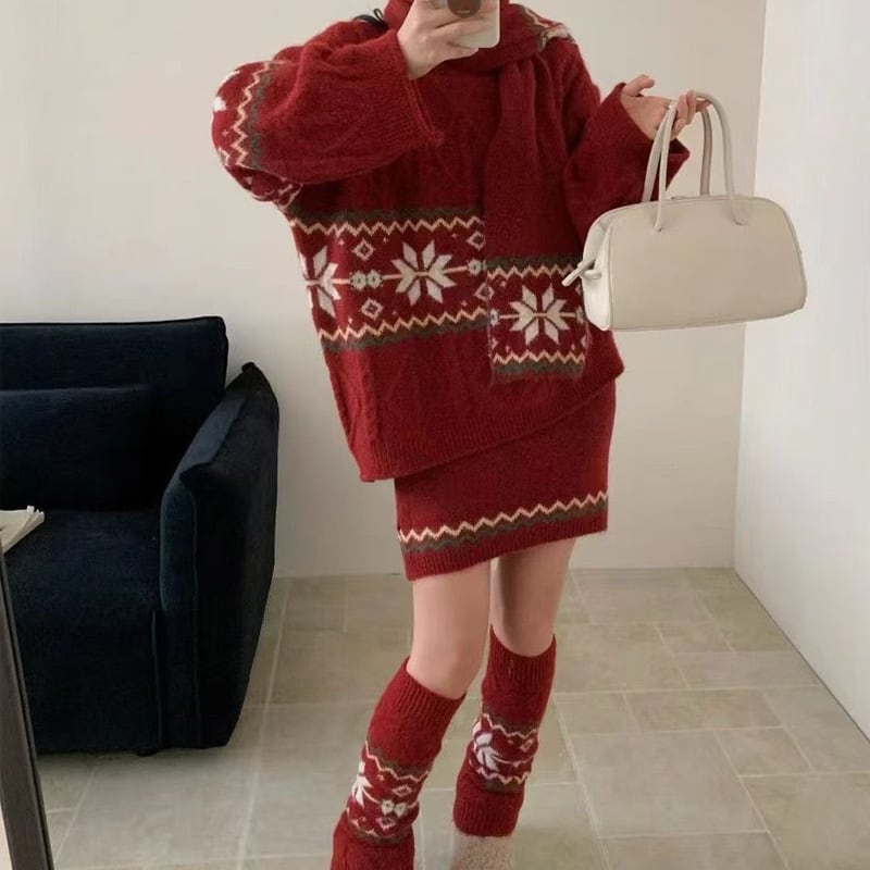 【set】マフラー×ジャカードニットトップス×ミニスカート3点セット Q7861