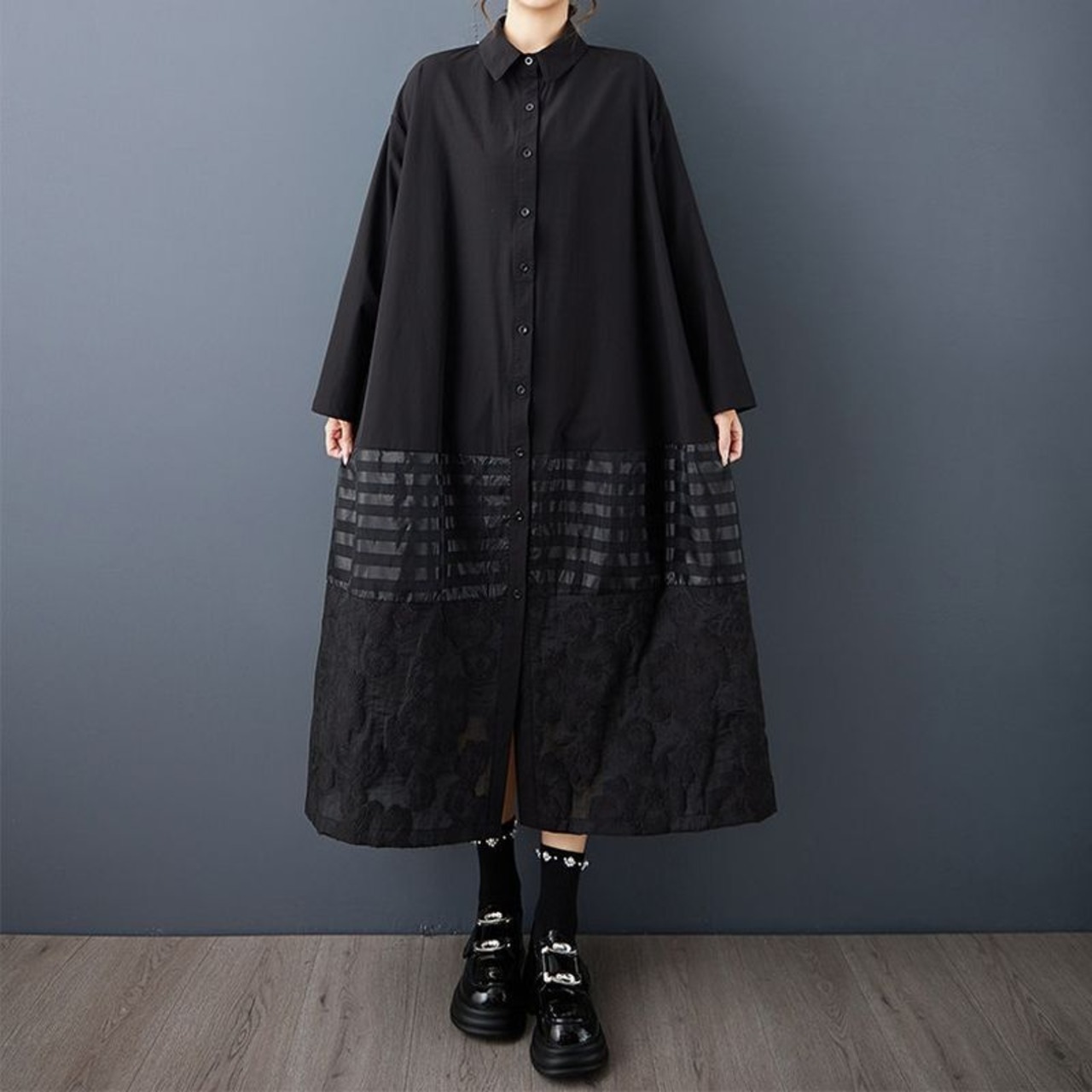ストライプ切替 ロング シャツワンピース  00106