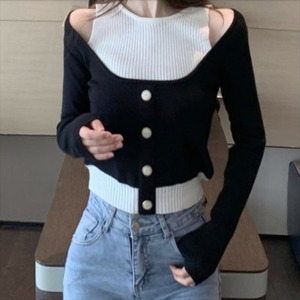 【送料無料】 セーター  オフショルデザイン  重ね着風デザイン    バイカラー  長袖  カジュアル系  大人可愛い  20代・30代　ブラック・ブラウン・ブルー・パープル　 セクシー  冬  お出かけ  女子会  レディースファッション  可愛い  韓国  無地  ボタン  厚手生地  ラウンドネック